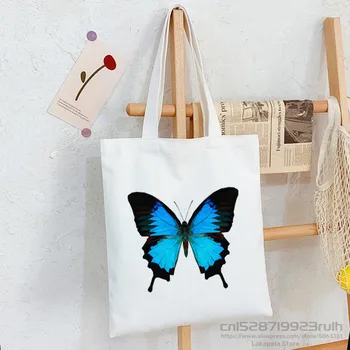 Fluture Albastru Culoare Floare Care Zboară Coreea Ulzzang Geanta Shopper Print Canvas Tote Bag Genți De Mână Pungă De Femei Harajuku Saci De Umăr