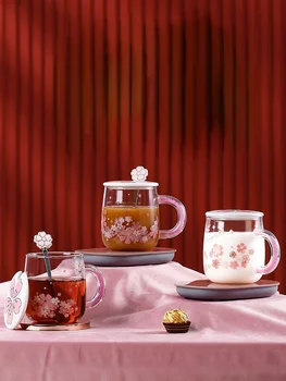 Lapte de Sticlă Ceașcă de Cafea Desert Drăguț Transparent Rotund Ceai Cherry Blossom Ceașcă de Sticlă cu Capac de Birou Copos De Vidro Drinkware 50