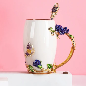 Portelan alb Email Crystal cana Ceașcă de Ceai a Crescut de Cani de Cafea Fluture Trandafir Pictat Flori de Apă Cani ceramica cu Lingura Set
