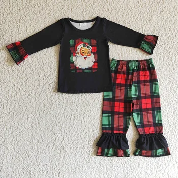 Fetita Moș Crăciun Set Negru Cu Maneca Lunga Top Pentru Sugari Rosu Verde Carouri Zburli Pantaloni Copil Pentru Copii En-Gros Haine De Sărbătoare