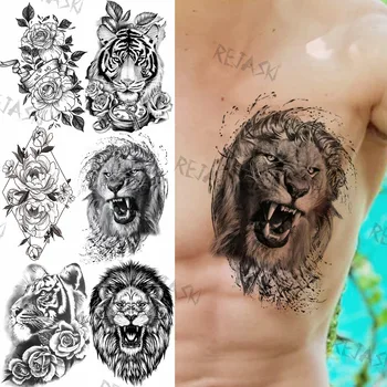 Tribal Black Lion Tatuaje Temporare Pentru Barbati Femei Realist Tigru Geometrice de Flori Busola Autocolant Tatuaj Fals Piept Tatuaje 3D