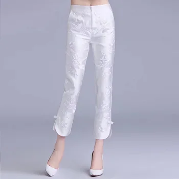 Chineză Stil de Vară de Primăvară Femei Broderie Vițel Lungime Pantaloni , 2020 4xl 5xl Floral Alb Negru Pantaloni pentru Femeie