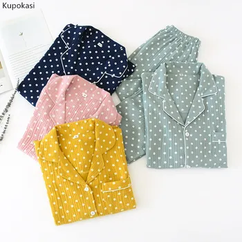 Kupokasi Nou 2 Piese Bumbac pentru Femei Seturi de Pijama Calde Pijamale Dot Imprimate Casual cu Maneca Lunga de Toamna Iarna Sleepwear Homewear