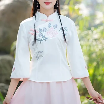 Tradițională Chineză Stil De Îmbrăcăminte Pentru Femei Topuri Broderie Bluze Largi Cheongsam Epocă Catarama Hanfu Tricouri Tang Costume V2162