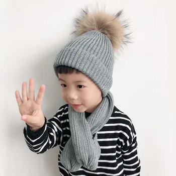 Copii Miez Moale Tricotate Iarna Beanie Hat Pentru Fete Baietii Real Raton pompom Blană Pălărie Și Eșarfă Set Pentru Copii