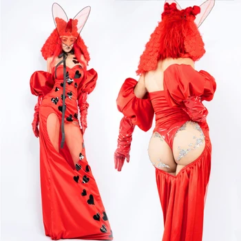 Roșu Sexy Gol Rochie Corset travestit Costum de sex Feminin Petrecere Rochie de Seara Cantareata de Performanță Etapă Purta VDB5977