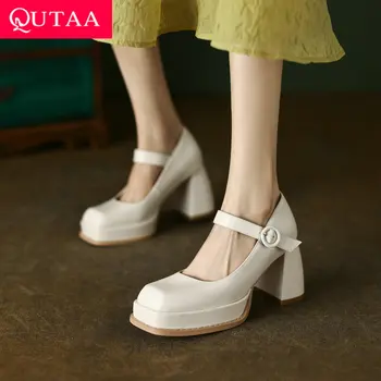 QUTAA 2023 Moda Femei Elegante Pompe de Deget de la picior Pătrat Square Toc Înalt pantofi de damă din Piele Pantofi de Femeie Primăvară Dimensiune 34-43