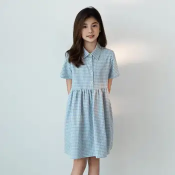 Stil Coreean Fete Rochie Casual Copii Uniformă Școlară Stil Preppy Haine Turndown Guler Genunchi Lungime Rochii Pentru Adolescenti