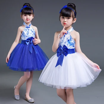 Noi pentru Copii Albastru și Alb Portelan de Performanță Costum Fete Guzheng Printesa Pufos Fusta Tul Copiilor Cor Dans Dr.
