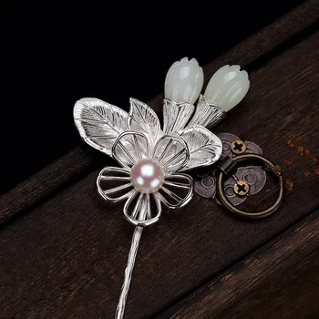 Argint 925 Bastoane De Păr Pearl Chineză Jade Stick De Păr Floare Magnolia Accesorii Pentru Femei Bijuterii Cadou Romantic Fete