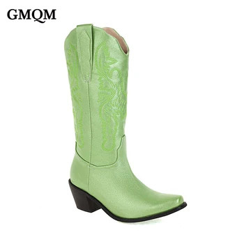 GMQM Nou Design 2022 Pantofi Femei la Jumătatea Vițel Cizme Western Cizme de Cowboy Broderie Pantofi Tocuri Indesata a Subliniat Deget de la picior Stil Punk Cizme