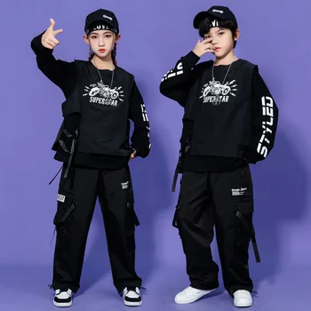 Copil Kpop Hip Hop Îmbrăcăminte Tricou Negru Top Vesta Casual Streetwear Cargo Pantaloni pentru Fete Baieti Jazz Dans Costum de Haine