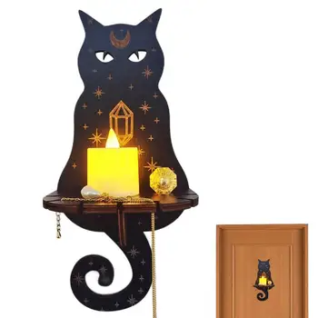 Drăguț Pisică Neagră Perete de Cristal Luna Raft de Înaltă calitate din Lemn Decorative Pentru Camera, Birou, Meditație Produse de uz Casnic Organizator