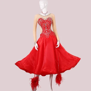 2022 Știri sală de bal rochie Roșie standard hainele pentru sala de dans concurs de dans rochii roșii Vals-MD969