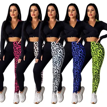 Adogirl Femei Leopard De Imprimare Mozaic Sport Set De Doua Bucati Cu Glugă Topuri Suprapuse Jogger Pantaloni Treninguri Costume De Fitness Utilaje
