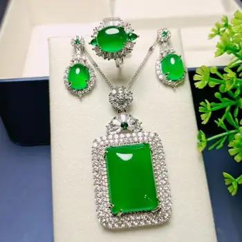Natural Green Jade Set De Bijuterii Pentru Femei Myanmar Jadeit Cu Zircon Smarald Dreptunghi Colier Pandantiv Legăna Cercei Si Inel