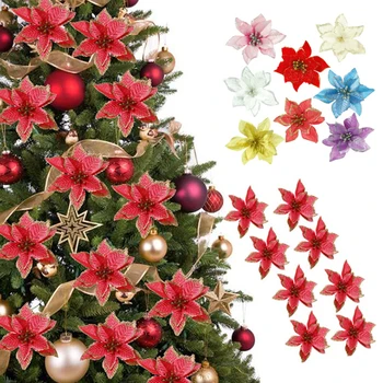 12Pcs Sclipici Poinsettia Flori Coroană de Crăciun Copac Xmas Decor Nunta Ghirlande de Flori Album Ambarcațiuni de Flori