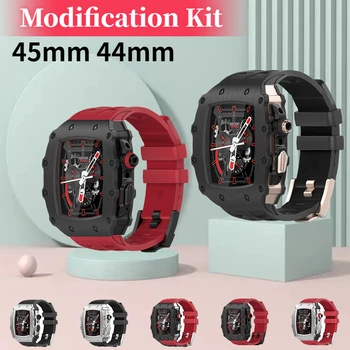 De lux Metal Modificarea Kit de Caz Pentru Apple Watch Band 45mm 44mm Seria 8 7 Oțel Inoxidabil Modificat Kit DIY Cauciuc Watchband