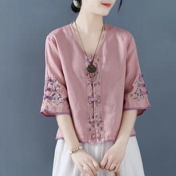 Vintage Topuri Stil Chinezesc Tradițional Costume pentru Femei Broderie Vrac Vara Streetwear V-Gât Trei Sferturile Casual cu Maneci
