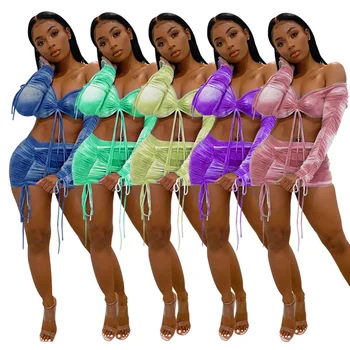 Vara Femei Doua Piese Seturi de Rochii Tie-dye Print V-neck Crop Topuri + Stivuite Mini-Fuste, Costume Sexy Club de Noapte Partid Treninguri