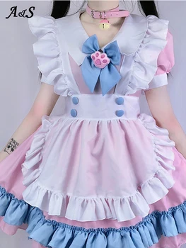 Anbenser Roz Pisica Drăguț Lolita Maid Dress Costum Cosplay Costum pentru Fete Femeie Chelneriță Menajera Petrecere, Costume de Scenă