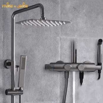 Baie de bronz, duș kit termostatic de lux gungray set de duș din metal alama cadă de duș patru funcție de duș cu mixer