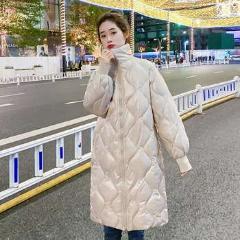 2022 Femei Iarna Noi Diamant în Formă de Jos Strat de lungime medie, Guler de Stand-up Stil coreean Strălucitoare Peste Genunchi lungime Jacheta Doamnelor Purta
