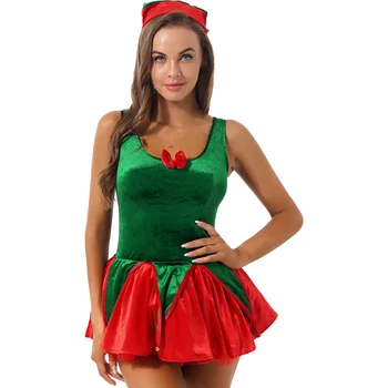 Femeile Obraznic Costum de Elf de Crăciun Joc de Rol Tinuta U Gâtului fără Mâneci Bowknot Bell Decor Rochie de Crăciun Rochii Evazate cu Pălărie