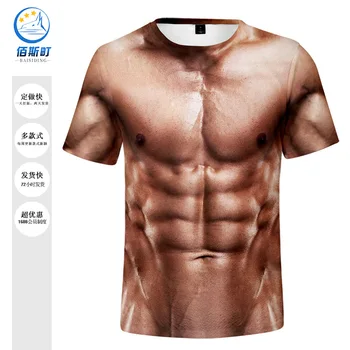 Sexy 3D Digital de Imprimare Color Bărbați și Femei T-shirt Creative Corp Muscular Abdominal Spoof Mâneci Scurte