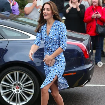 Moda Vara Femei Midi Rochie Lungă, Kate Middleton Elegant Blue Dot Print Rochii Casual La Locul De Muncă Single-Breasted Îmbrăcăminte