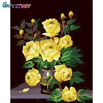 GATYZTORY Vopsea De Numărul Trandafir Galben Desen Pe Panza pictate manual Artă Cadou DIY Imagini De Numărul de Flori Kituri de Decor Acasă