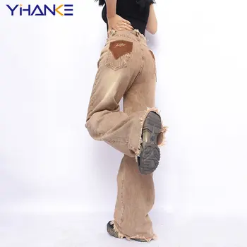 Femei Kaki Blugi Y2K Talie Mare American Baril Drept de Moda Retro Mop Largi Picior Pantaloni de Iarnă Strada Rochie de Blugi Largi