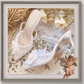 Franceză stil retro elegant de flori dantelă gol subliniat sandale cu toc înalt de sex feminin superficial gura printesa pantofi femei loli cosplay