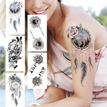 Rose Dreamcatcher Tatuaj Temporar Pentru Femei, Bărbați Adulți Negru Flori Tatuaje Autocolant Pene Busola Fals Geometrie Ochi Tatuaje Braț