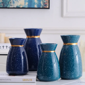 1 buc Punctate de Design Vaza de Flori Bleumarin Ceramice Ghiveci cu Inel de Aur Casa Moderna de Decorare Masă Vaze