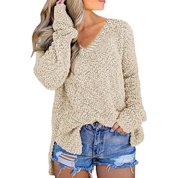 noi toamna și iarna femei granular catifea v-neckSolid pulover de culoare split pulover chic Sueter Mujer wn*