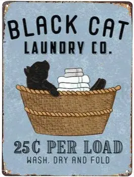 Pisica neagra Spălătorie Stil Vintage Metal Semn de Fier Pictura pentru Interior si Exterior Domiciliu Bar de Cafea Bucătărie Decor de Perete 8 X 12 Inch