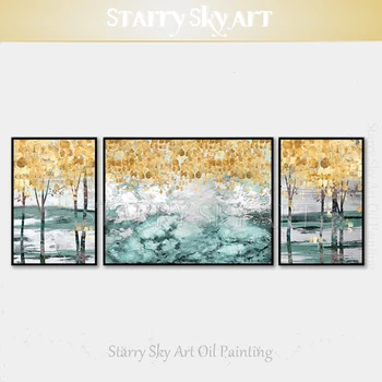 Artist profesionist de Mână-pictat 3 Piese Set Copac de Aur, Pictura in Ulei pe Panza Pop Art Abstract de Aur Pictură în Ulei Decor