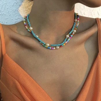 Lalynnly Stil Boem Răcoritoare Colorate Cu Strat Dublu De Simulare Pearl Margele Gât Bijuterii Femei, Accesorii Coliere N9222