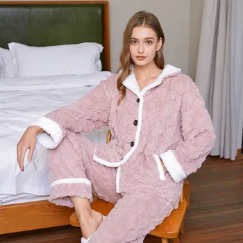 Gros de iarna Coral Fleece Femei Pijama Set 2 buc Sleepwear Costum Moale Flanel Cald Costume cu Pantaloni de Pijama Pour Femme Liber Homewear