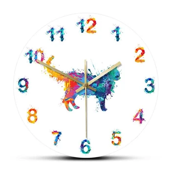 Numere Colorate Modern Ceas De Perete Acuarelă Pisica Pictura Arta Agățat Ceas Ceas De Perete Decor Acasă