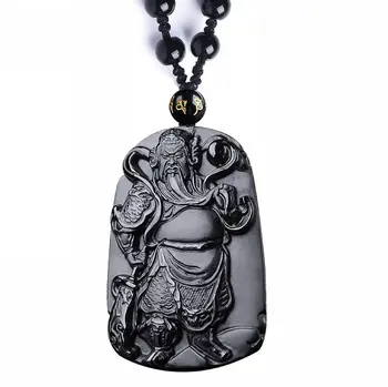 Naturale obsidian negru cristal Guan Yu Guan Gong Colier Ține paloșul șirag de mărgele Pandantiv cu lanț reglabil