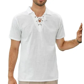 Bărbați t-shirt Design Unic Vintage Lenjerie de Topuri Vechi Viking Broderie Dantelă Up V Gatului Maneca Lunga T-Shirt de Sus футболка оверсайз
