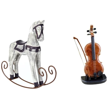 1 Buc Mână-Trase Vioara Cutie Muzicala Music Box Decor & 1 Buc Trojan Horse Statuie Decor Nunta Lemn Cal