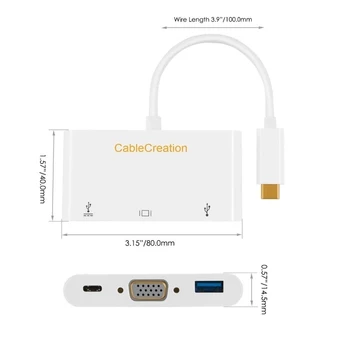 USB-C la VGA Adaptor 3-in-1 Tip C (Compatibil Thunderbolt 3) la VGA +USB 3.0+USB-C Sincronizare de Date Hub, Compatibil MacBook Pro