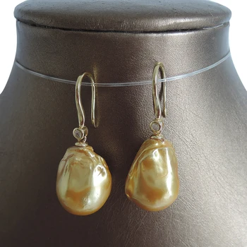100% de apă dulce aur cercel de perla cu argint 925 cârlig -- AA aur Perla,18-20 mm mare baroc pearl cercei