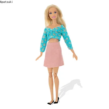 Albastru Roz Haine de Moda Set pentru Papusa Barbie Costume 1/6 Păpuși, Accesorii Pentru Barbie Crop Top Tricou Fusta Jucarii Copii 1:6