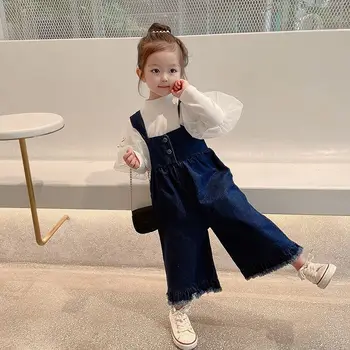 Salopeta din Denim pentru Fete Albastru Liber Casual Copii Salopete de Blugi Largi Picior Pantaloni Fete pentru Copii Haine coreeană Stil Salopete