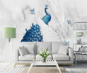 Personaliza orice dimensiune tapet mural nou Chinezesc estetice trei-dimensional albastru păun floare magnolia marmură, tapet papel