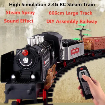 Mare Simulare de Fumat Abur de Pulverizare 2.4 G RC Tren cu Aburi Model Cu sunet de lumină Conducere 666CM Urmări Asamblare DIY Fum de cale Ferată